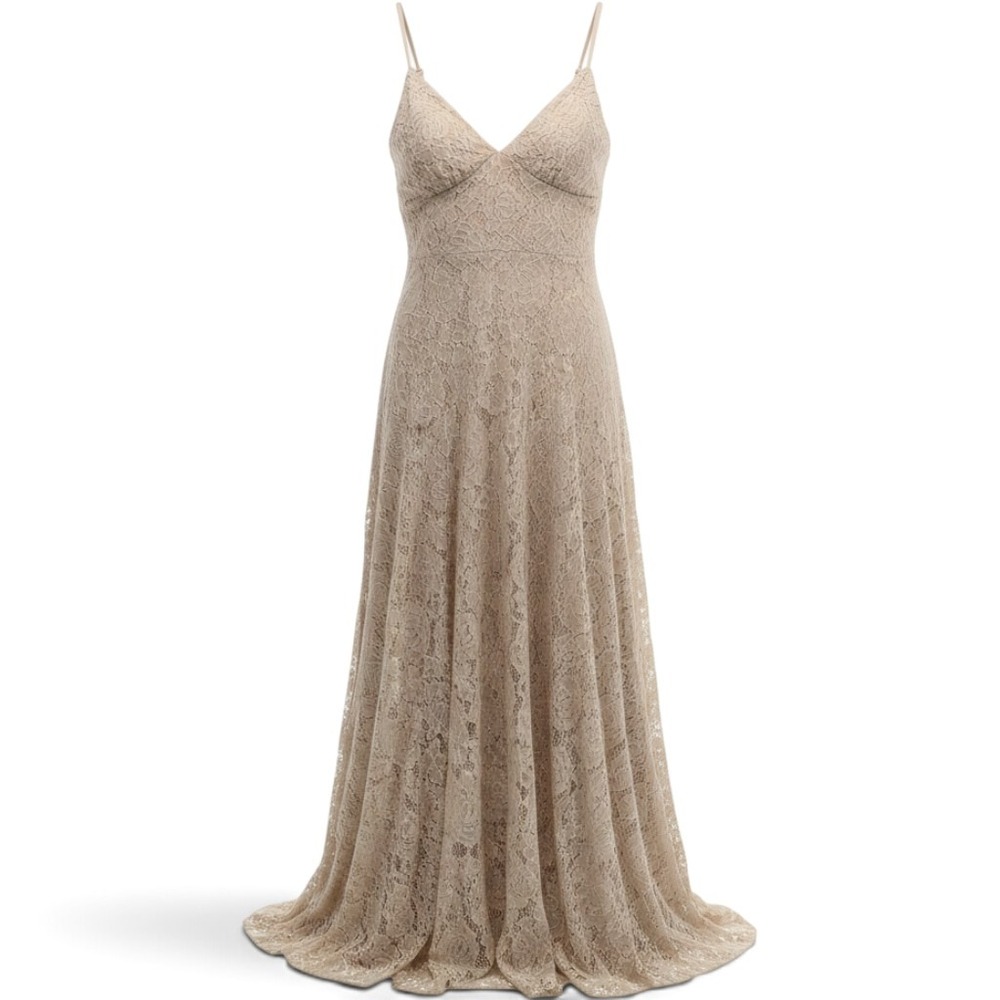 Fame & Partners Maxi Dress Womens 2 Lace V-Neck Neutral Spaghetti Strap NEW